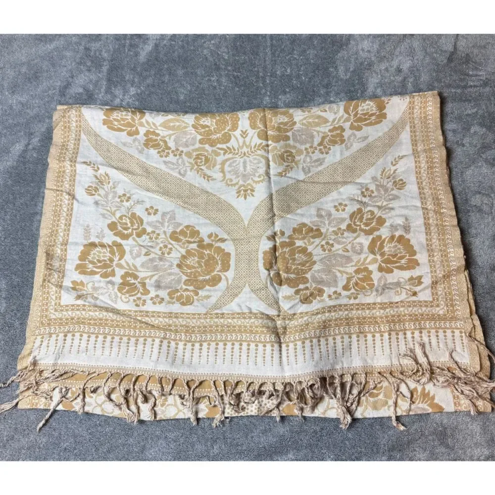 Vintage Beige Cream Floral Jacquard Fringe Scarf Shawl Wrap Boho Elegant